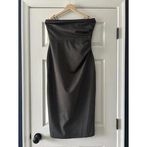 Open Edit Strapless Gathered Side Crepe Plaid Midi Dress Size Medium Blue Brown